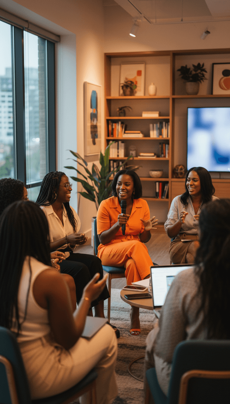 Diverse group of Black women in a lively community discussion indoors