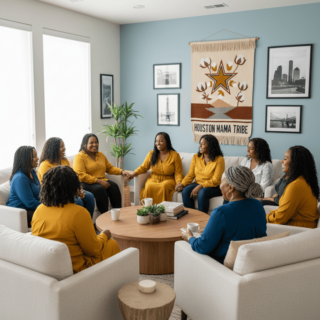 Black women gathered in a warm room, sharing supportive conversation.