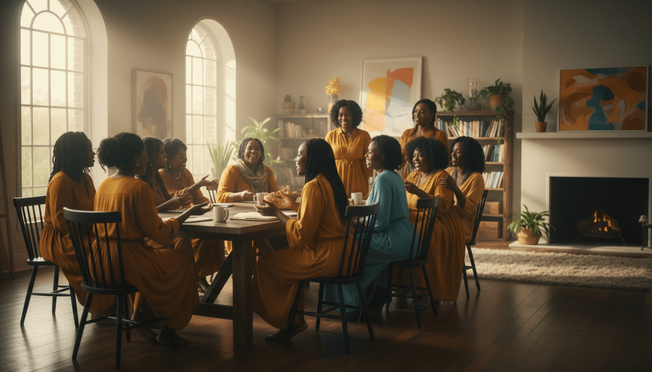 Black women gathered together in supportive community setting with warm lighting