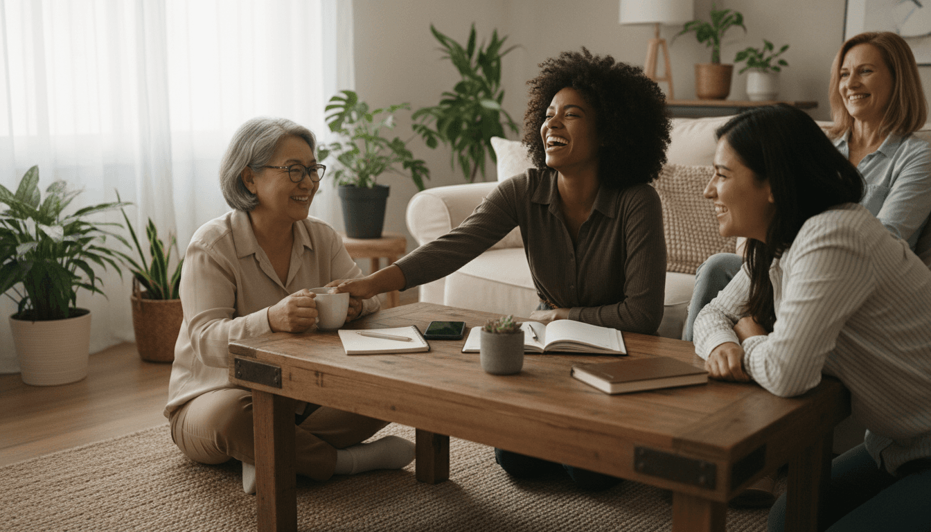 Diverse group of women laughing and connecting together in warm, naturally lit living room setting