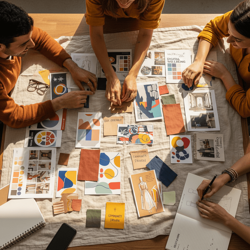 Overhead view of diverse creators' hands collaborating on mood board with trend cards, sketches, and color swatches in natural light